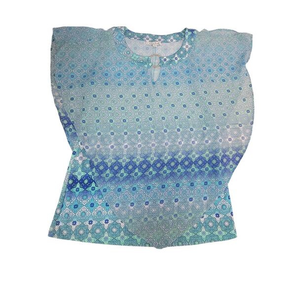 Studio Works Medium Boho Ombre Blue Green Blouse Keyhole Neck - Picture 1 of 7